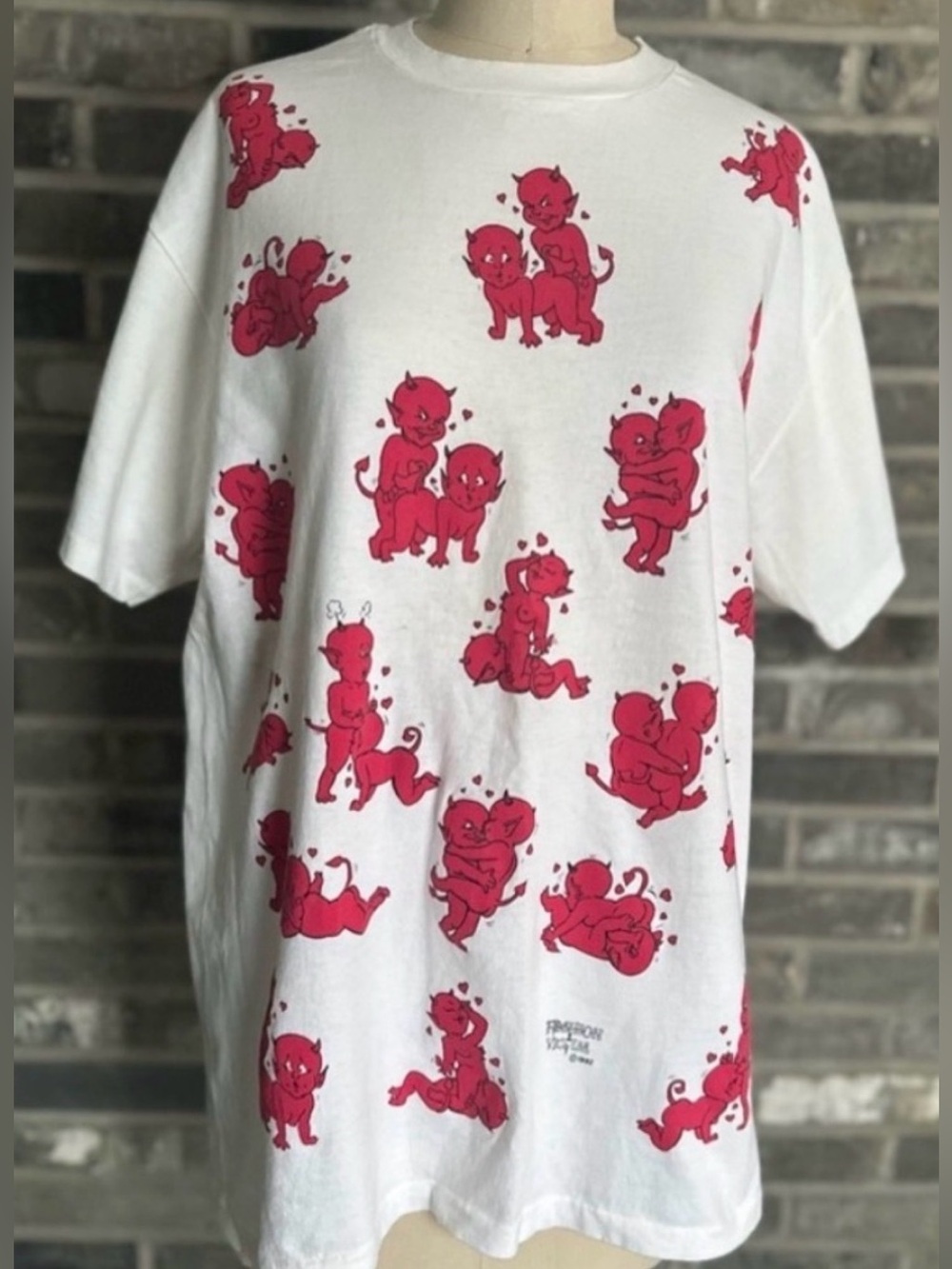 Vintage 1992 Fashion Victim Devil AOP Single Stitch Tee Hanes Heavyweight Large